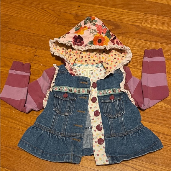 Matilda Jane Size 2 Floral Hooded Denim Jacket/Vest Removable Sleeves Fox Owl - Picture 1 of 10